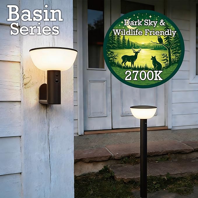 Basin Series - 24.5" Solar Pathway Lights - Walkway Lights for Outside - PIR Sensor & Three Lighting Modes - Rechargeable Battery Lasts Up to 35 Hours - 2700K - Dark Sky Friendly - 4 Pack