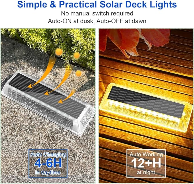 Lacasa Solar Deck Lights, Solar Light Outdoor Waterproof IP68, 8 Pack Solar Powered Pathway Yard Driveway Step Landscape Lights, LED Lighting 50LM for Garden Path Walkway Stair Patio, Warm White 2700K