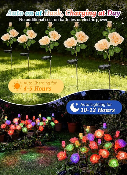 Brightown Outdoor Solar Flower Lights, 4 Pack 7-Color Changing Solar Garden Lights with Larger & More Realistic Rose, Bigger Solar Panel, Waterproof Solar Lights for Yard Garden Lawn Pathway Decor
