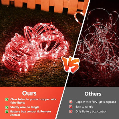 Jnaurb Battery Operated Rope Lights for Outside, 33FT 100LED 8 Modes Battery Operated String Lights, Waterproof Christmas Fairy Light with Remote for Outdoor Indoor Patio Xmas Party Decorations - Red