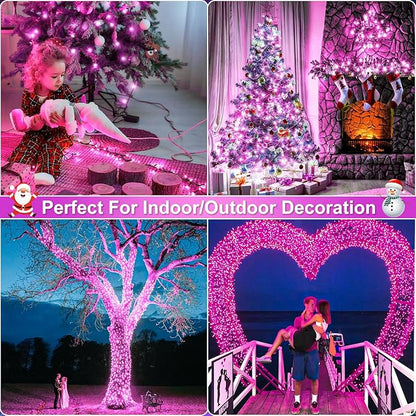 Pink Christmas Lights Outdoor, 100FT 300 LED Christmas Tree Lights with 8 Modes Waterproof, Plug in Connectable Christmas String Lights Green Wire for Indoor Patio Garden Xmas Love Party Decorations