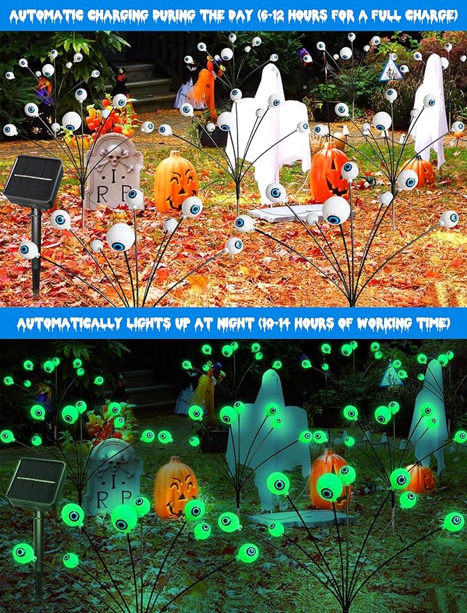 KerKoor Solar Halloween Lights Outdoor Decorations - 4 Pack 32 LED Solar Eyeball Lights LED Scary Eyeballs Halloween Light for Yard, Outside, Pathway, Walkway, Landscape, Garden, Party Decor (Green)