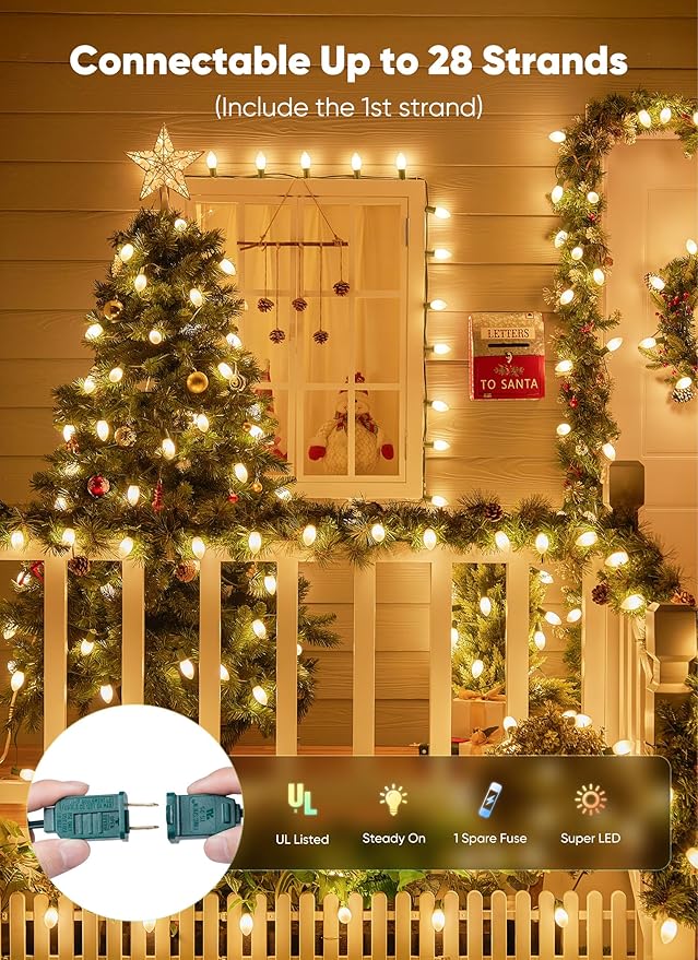 Minetom Vintage C9 LED Christmas Lights Outdoor, 25 Feet C9 String Lights with 25 Shatterproof Matte Bulbs, Connectable Waterproof Lights for Holiday Party Roofline Backyard Garden Patio, Warm White