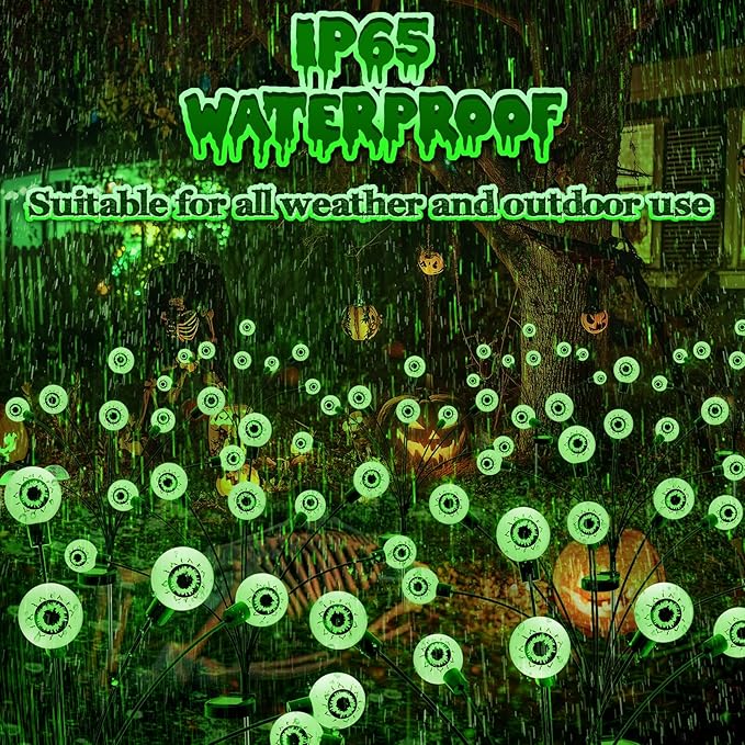 Solar Halloween Lights Decorations Outdoor: 2 Pack 16LED Scary Eyeball Light Swaying for Yard Decor - Green Firefly Ghost Lighting Garden Lawn Pathway Party Outside Decorative