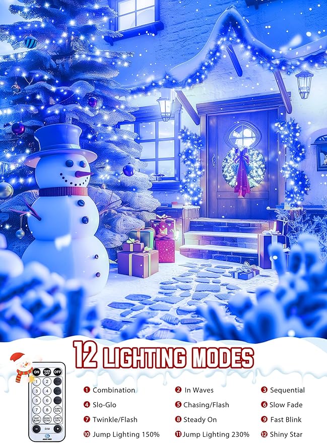 Minetom 50 Ft 1000 LED Cluster Christmas Tree Lights Outdoor Firecrackers String, 12 Modes Timer Remote Waterproof Plug-in Twinkle for Xmas Tree Party, Blue & Cool White