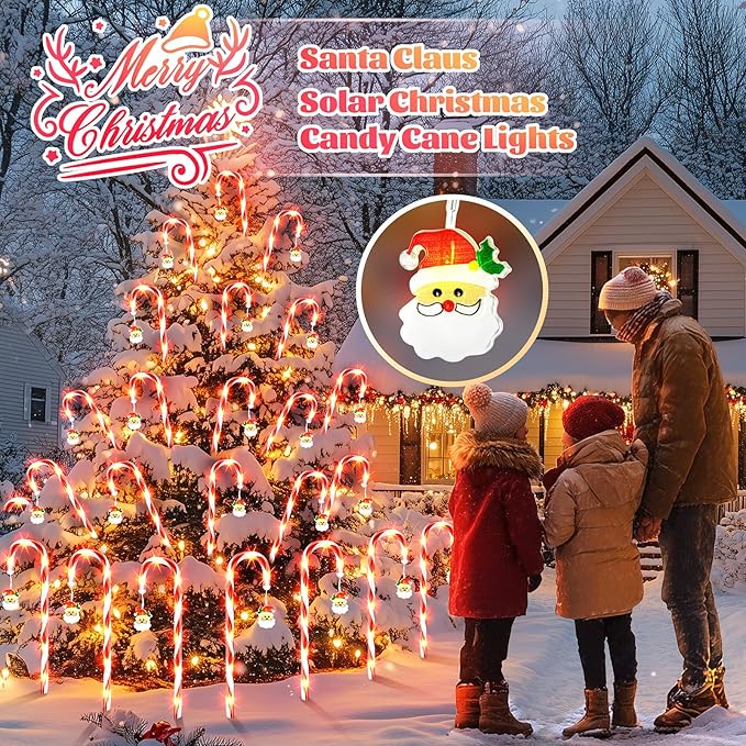 Solar Christmas Decorations Outdoor: 12 Pack 8 Blinking Models Waterproof Red Candy Cane Lights - 21" Santa Claus | Lumora