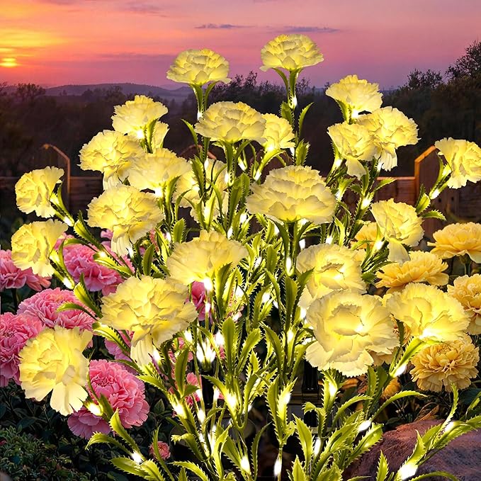 GIGALUMI Solar Lights Outdoor for Garden Decor, 4 Pack Solar Flower Lights Waterproof, 2 Lighting Modes 28 Carnation Flowers for Pathway,Yard, Patio Decoration, Gardening Gifts for Women (White)