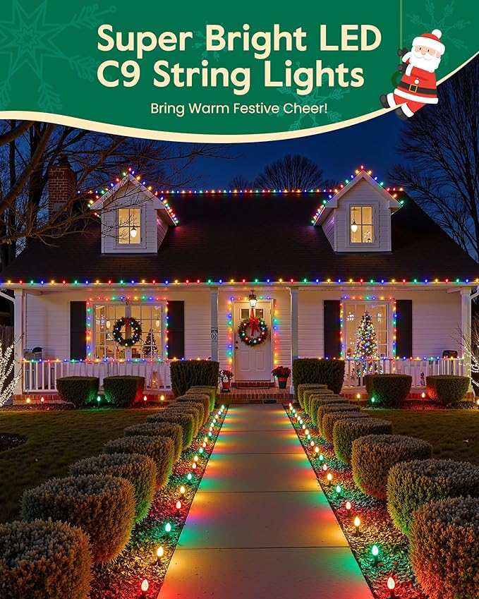 C9 Christmas Lights Outdoor with 00 Spring Clips, 65FT 100 LED C9 String Lights Waterproof Connectable for Roofline Patio House Yard Windows Indoor Outdoor Christmas Decorations, Multicolor 2 Pack