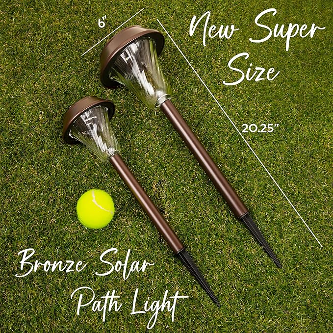 2 Pack Super Size 6" Diameter Bronze Solar Path Light with Large Solar Panel, Glass Lens, Metal Ground Stake, and Extra-Bright LED for Garden, Lawn, Patio, Walkway, Driveway
