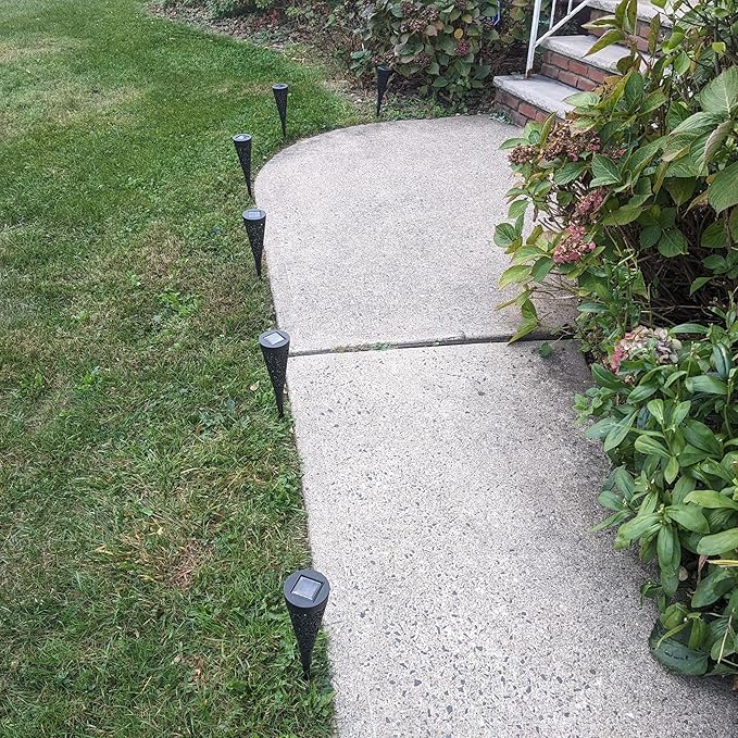 EX ELECTRONIX EXPRESS 6 Pack Solar Charging Decorative Walkway Patio Lawn Lights - Warm Yellow Subtle Pattern Lighting - Automatic On at Dusk and Off at Sunrise - Weatherproof Black Plastic
