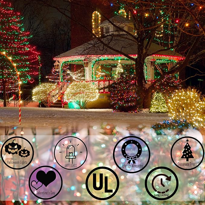 Christmas LED Lights 100 Multi Color String Lights for Indoor and Outdoor Decorative Use, Holiday and Tree Decor, Patio Hanging Lighting Decorations, Green Wire, 26.9 Ft, UL Certified