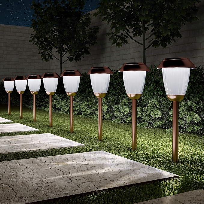 Solar-Powered Outdoor Lights - Set of 8 Stainless-Steel Stake Lights for Gardens, Walkways, Driveways, Landscapes, and Patios by Pure Garden (Copper)