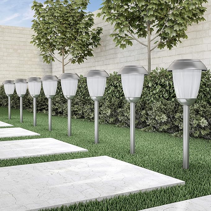 Solar Path Lights, Set of 8-16” Tall Stainless Steel Outdoor Stake Lighting for Garden, Landscape, Yard, Driveway, Walkway by Pure Garden (Gunmetal)