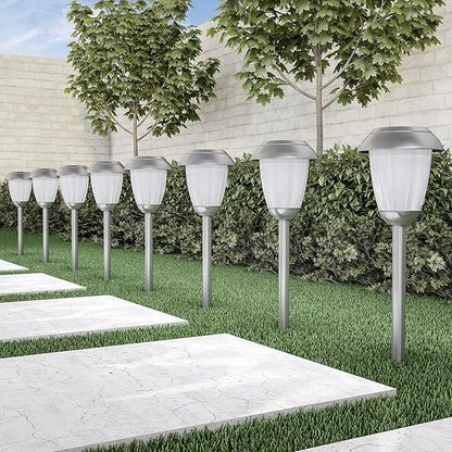 Solar Path Lights, Set of 8-16” Tall Stainless Steel Outdoor Stake Lighting for Garden, Landscape, Yard, Driveway, Walkway by Pure Garden (Gunmetal)