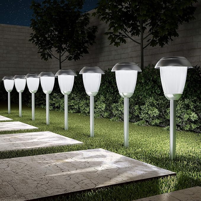 Solar Path Lights, Set of 8-16” Tall Stainless Steel Outdoor Stake Lighting for Garden, Landscape, Yard, Driveway, Walkway by Pure Garden (Gunmetal)