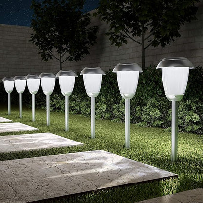 Solar Path Lights, Set of 8-16” Tall Stainless Steel Outdoor Stake Lighting for Garden, Landscape, Yard, Driveway, Walkway by Pure Garden (Gunmetal)