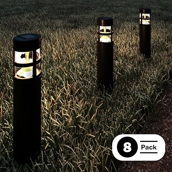 Solar Path Bollard Lights, Set of 8-15.4” Outdoor Stake Lighting for Garden, Landscape, Yard, Patio, Deck, Driveway, Walkway by Pure Garden (Black)