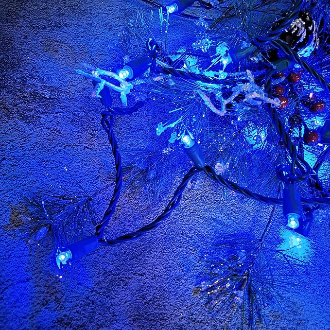 Christmas String Lights 50 Blue LED 5mm Mini LED String Lights, 120V UL, 17ft Green Wire Xmas Lights for Indoor & Outdoor Use, Holiday Party Decorations,Trees, Light Displays