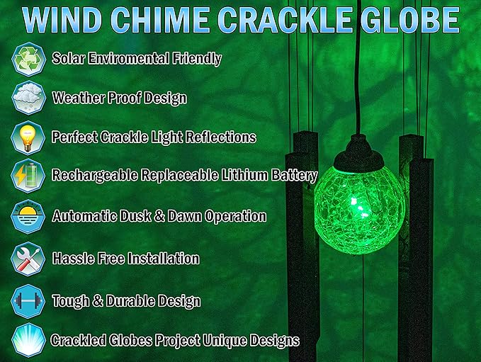 Solar Wind Chimes w/Color Changing Crackle Glass Globe Light w/Butterfly & 4 Iron Tubes - Outside Hanging Led Solar Lights Outdoor Garden Lantern Light