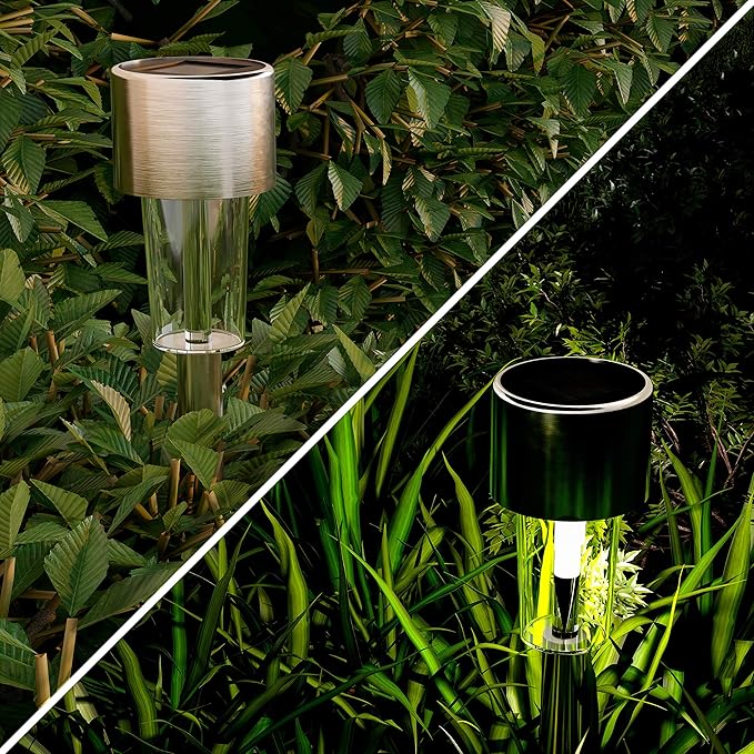 Pure Garden Outdoor Solar Lights - 12-Pack Stainless-Steel LED Lights for Gardens, Pathways, and Patios - Weather-Resistant Stake Lights (Silver)