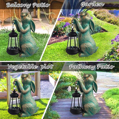 Rabbit Garden Statue Outdoor Décor with Solar Lights Lantern,Rabbit Solar Light Figurines Outside Decorations for Yard，Lawn, Patio, Balcony, Unique Housewarming Gifts