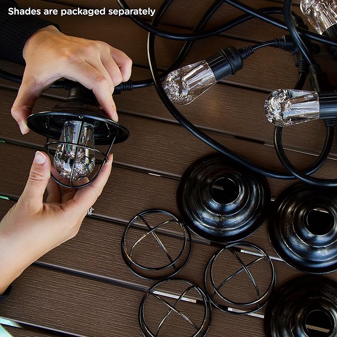 Enbrighten Vintage LED Café Lights with Oil-Rubbed Bronze Lens Shade, Outdoor String Lights, Black, 24ft, 12 Impact Resistant Lifetime Bulbs, Premium, Shatterproof, Weatherproof, Indoor/Outdoor, 43375