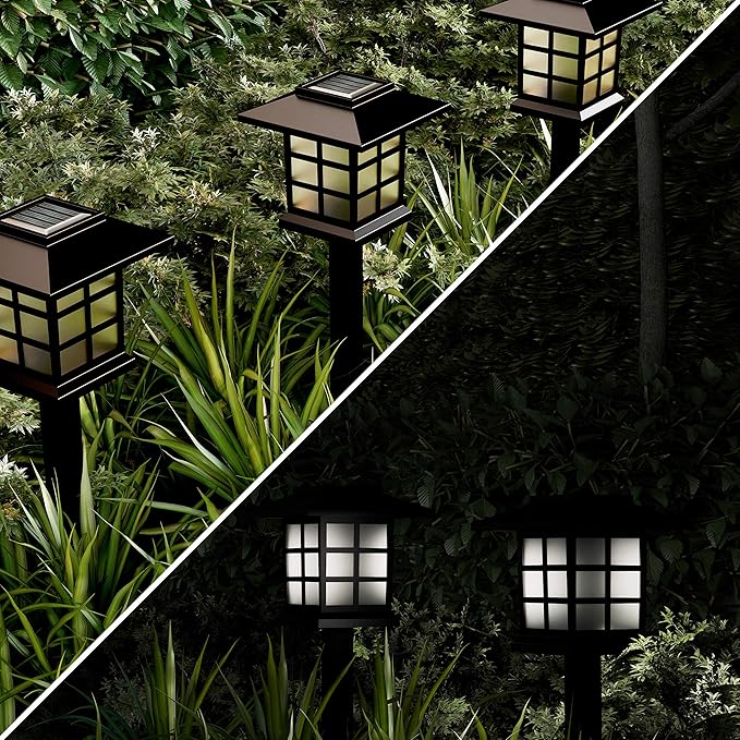 Solar Pathway Coach Lights - Set of 6 Water-Resistant Outdoor Stake Lighting for Garden, Landscape, Patio, Garden, and Walkway by Pure Garden (Black)