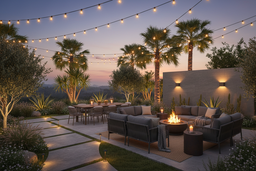 Warm outdoor patio with string lights at dusk